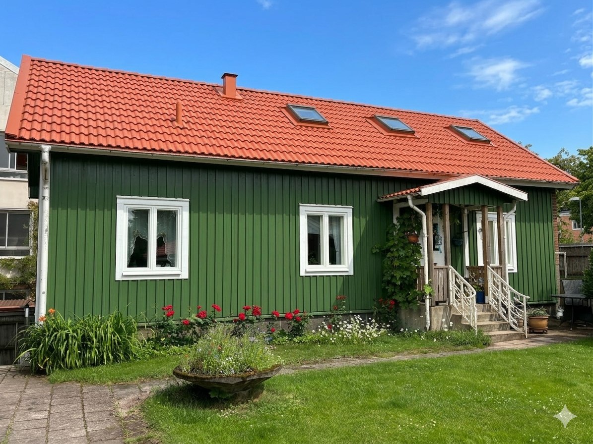 Gårdshuset på Knutsgatan, grönt enplanshus med veranda, tegeltak och blomsterplantering