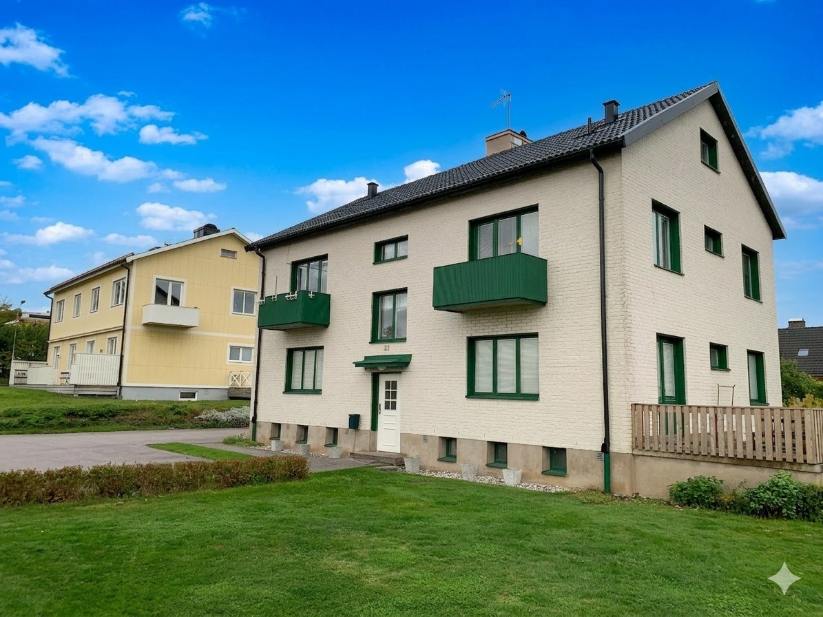 Södra Esplanaden 21 i Älmhult, gult tegelhus med gröna balkonger framför en gräsmatta