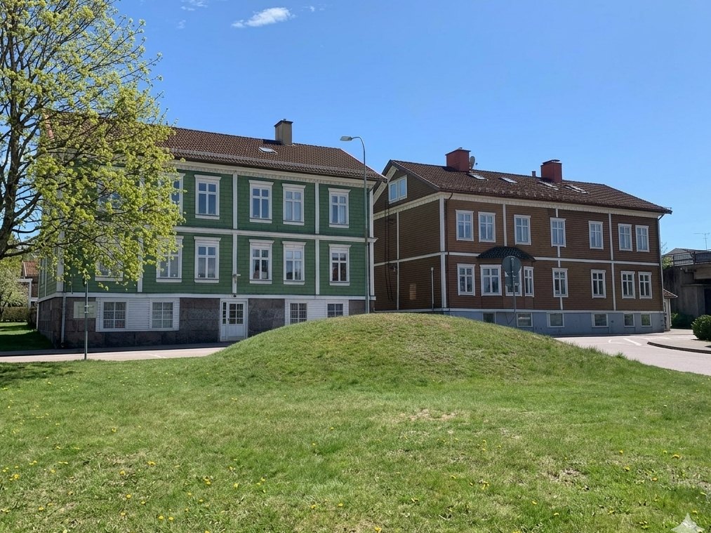 Bostadshus i Älmhult med gräsmatta och klarblå himmel